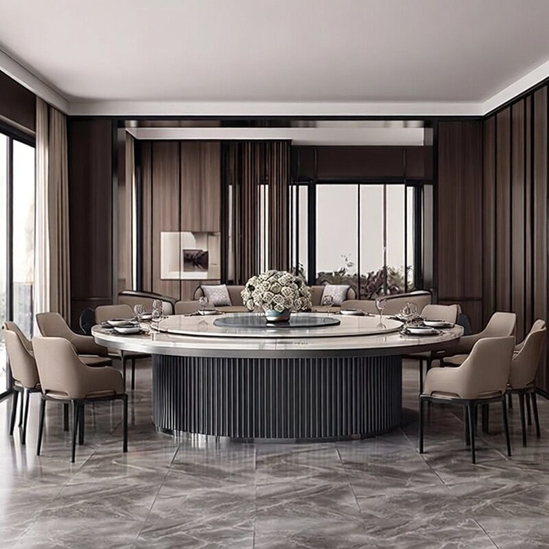 新中式酒店实木电动餐桌大圆桌现代餐厅轻奢简约火锅桌宴会餐桌椅