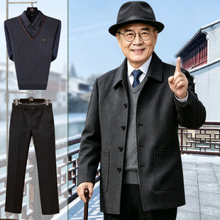 老年人衣服男秋装套装中老年爸爸呢子夹克外套翻领爷爷春秋装大码