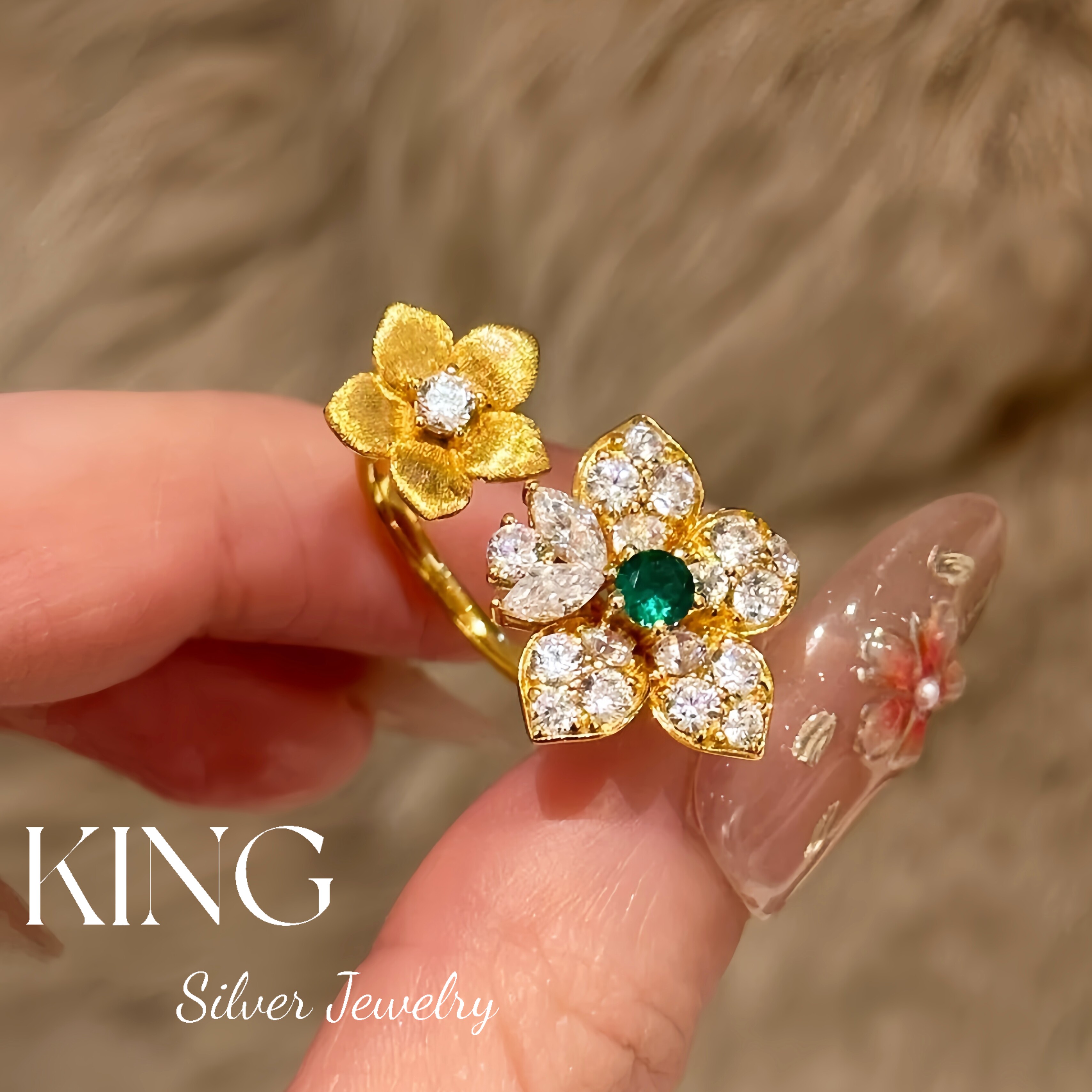 双花戒指 | S925银镀金拉丝开口春夏复古时尚轻奢vintage纯银戒指