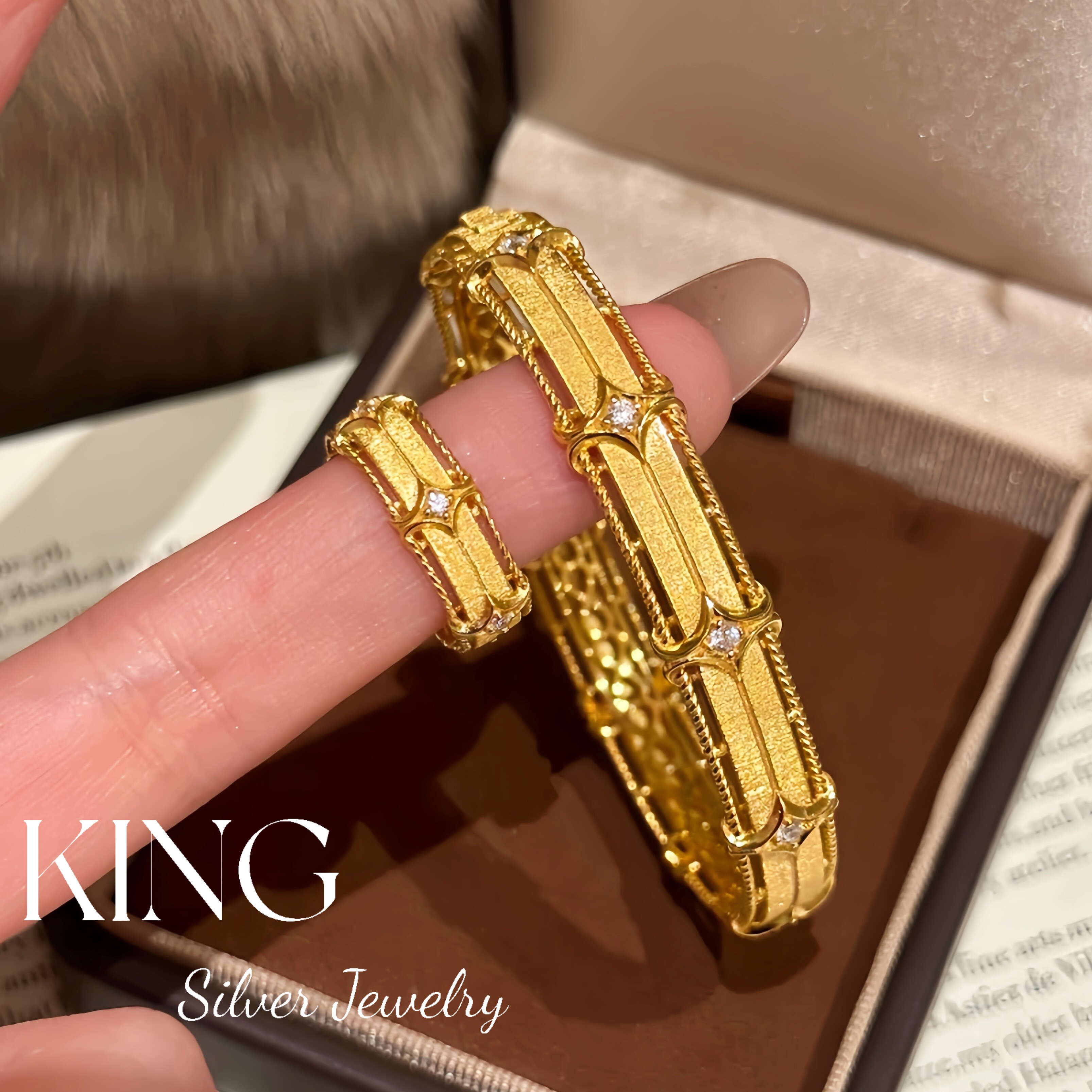 丝丝入扣 | S925银镀金白钻四芒星拉丝复古时尚重工纯银戒指手镯