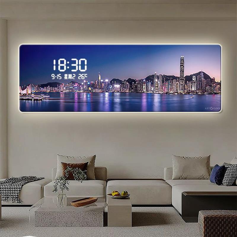 感应夜灯挂画城市夜景客厅装饰画电子时钟壁灯风景建筑卧室床头画图片