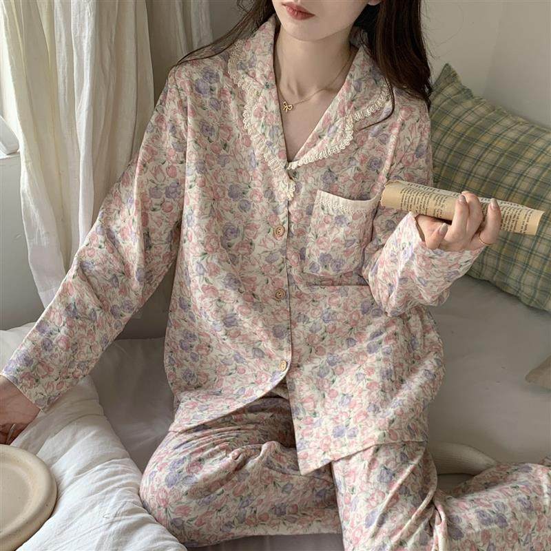 艺术生睡衣韩版睡衣女秋冬季新款棉纱花朵宽松休闲舒适宿舍可外穿