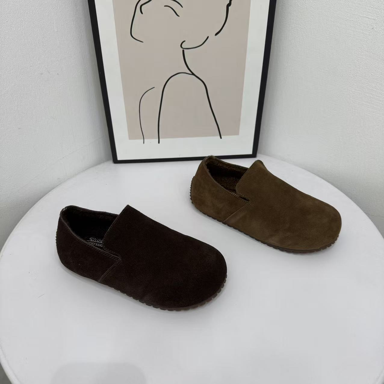 欧货正品磨砂皮厚底加毛保暖一脚蹬懒人鞋女冬季新款舒适勃肯鞋潮