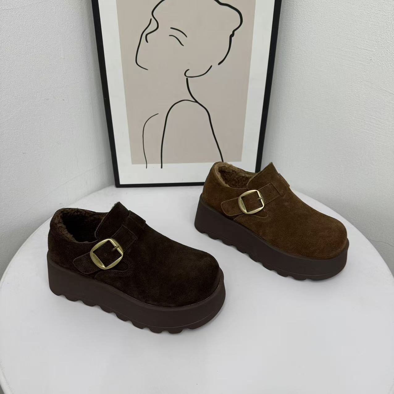 魔术贴真皮加绒复古勃肯鞋女2025冬季新款百搭增高舒适保暖乐福鞋