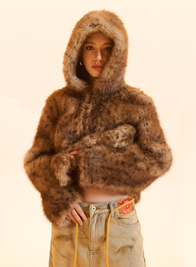 Cozydoll猞猁毛棕巧色慵懒休闲通勤街头连帽保暖环保皮草短外套女