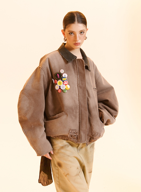 Cozydoll可拆卸徽章水洗做旧破坏派克服弯刀袖90白鸭绒羽绒服