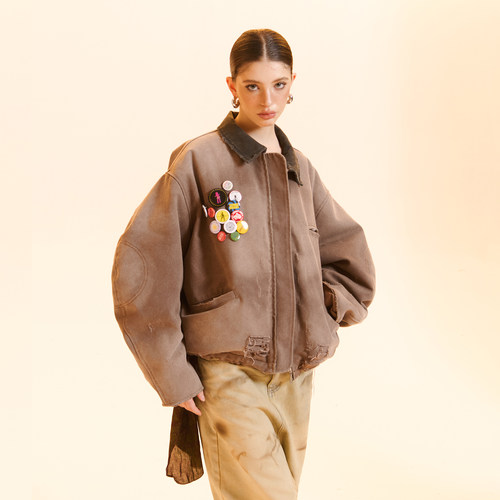 Cozydoll可拆卸徽章水洗做旧破坏派克服弯刀袖90白鸭绒羽绒服