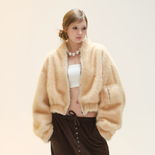 COZYDOLL复古街头软糯双面穿环保皮草飞行夹克女毛绒保暖休闲外套