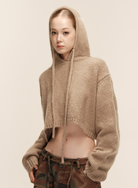 COZYDOLL斯拉夫风美式复古绵羊毛高端慵懒松弛感短款连帽毛衣外套