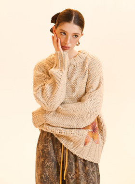 Cozydoll慵懒风复古冰岛羊毛花卉印花圆领粗针套头手工短款毛衣