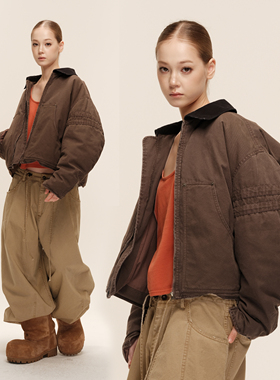 COZYDOLL巴恩风白鸭绒复古水洗做旧拼色口袋廓形弯刀袖派克羽绒服