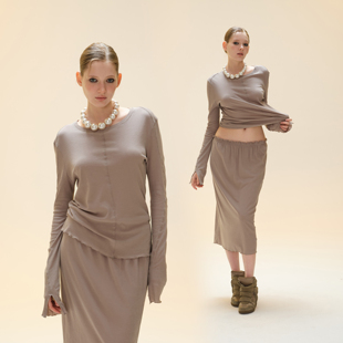 上衣半身裙子套装 显瘦打底衫 口修身 COZYDOLL慵懒潮流复古不规则袖