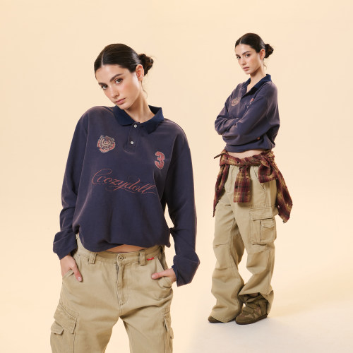 COZYDOLL慵懒感美式复古水洗做旧徽章刺绣翻领polo衫长袖T恤上衣