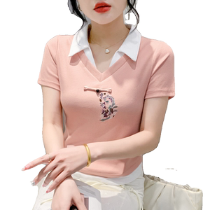 Polo领短袖T恤女夏装设计感时尚修身显瘦中国风纯棉上衣2024新款