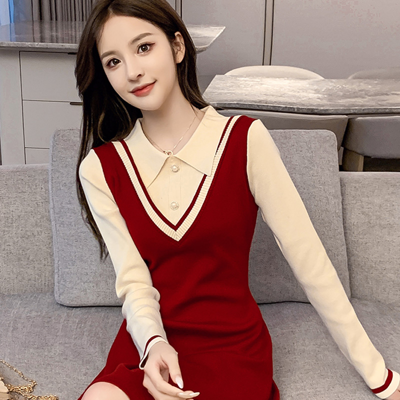 2023秋冬新款假两件针织连衣裙女中长款时尚气质拼接收腰毛衣裙子