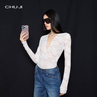 Chuji出迹高级感深V蕾丝连体衣女