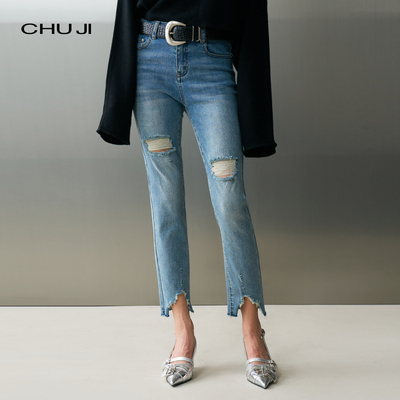 Chuji出迹破洞九分牛仔裤女