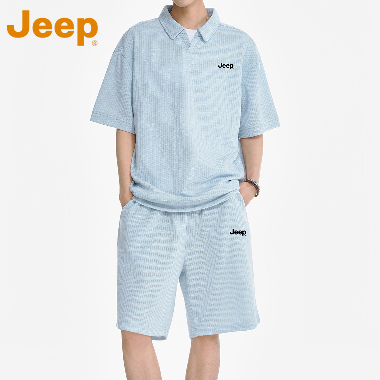 JEEP吉普美式休闲小V领套装男士2026夏季新款纯色运动短袖两件套
