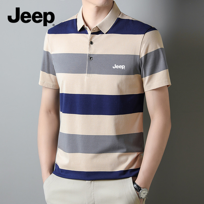 Jeep吉普短袖POLO衫男士夏季薄款宽松拼色条纹翻领t恤男装上衣服
