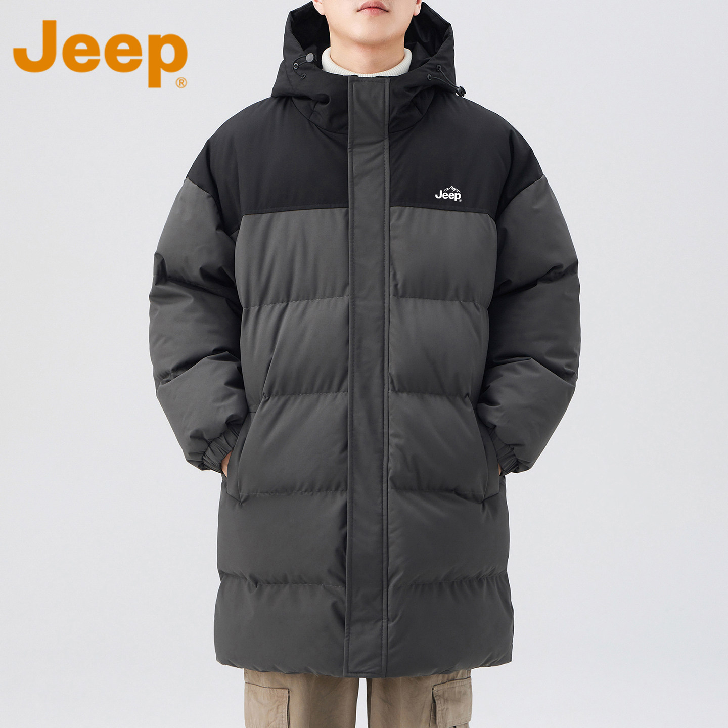 JEEP吉普美式拼色中长款棉衣男士冬季新款宽松加厚保暖棉服外套男