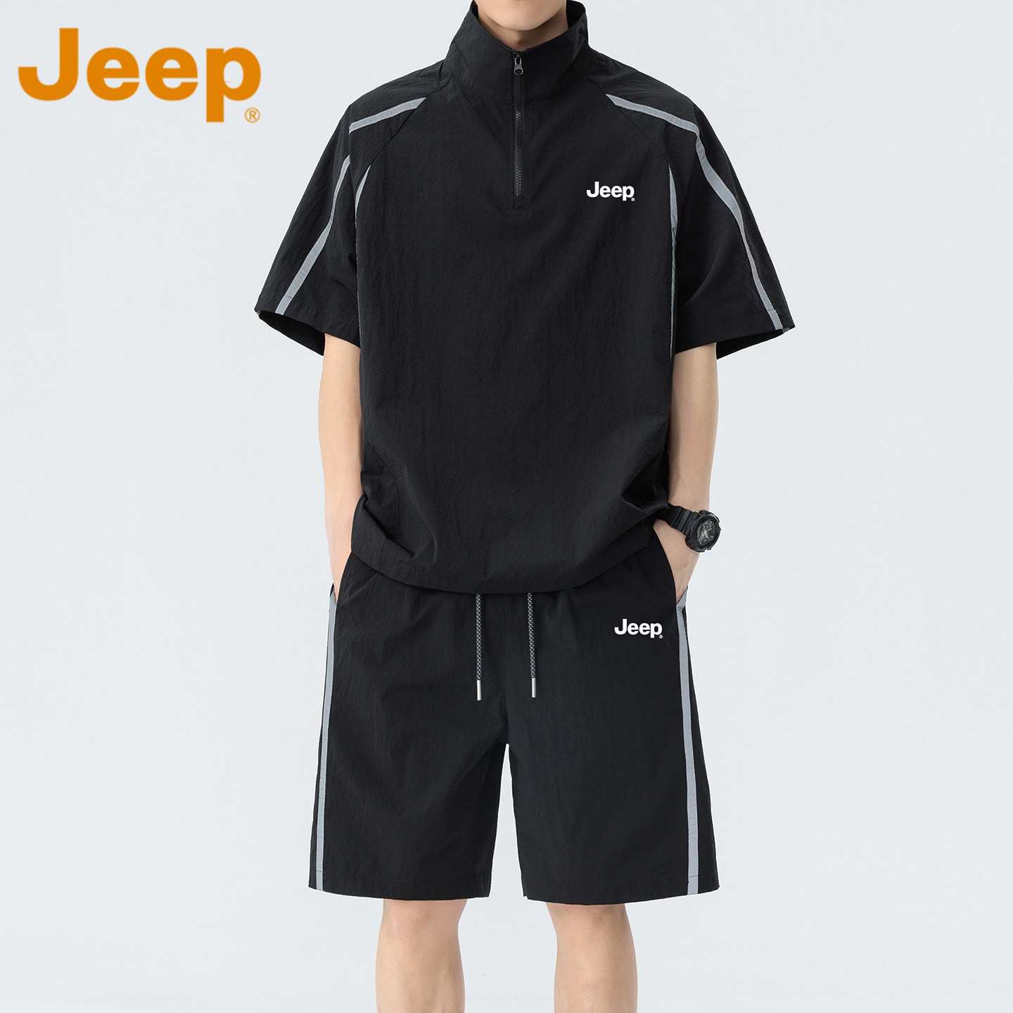 JEEP吉普休闲套装男士2026夏季新款运动风撞色速干短袖短裤两件套