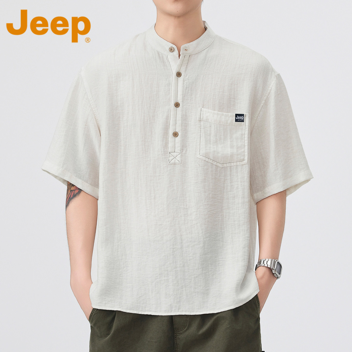 JEEP吉普亚麻亨利领短袖衬衫男2026夏季新款立领休闲宽松t恤上衣