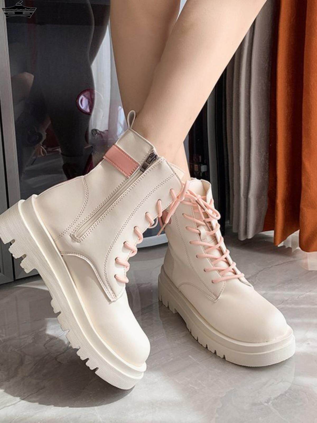 马丁靴女2023年春秋新款粉红色爱心厚底小个子短靴甜酷学生瘦瘦靴