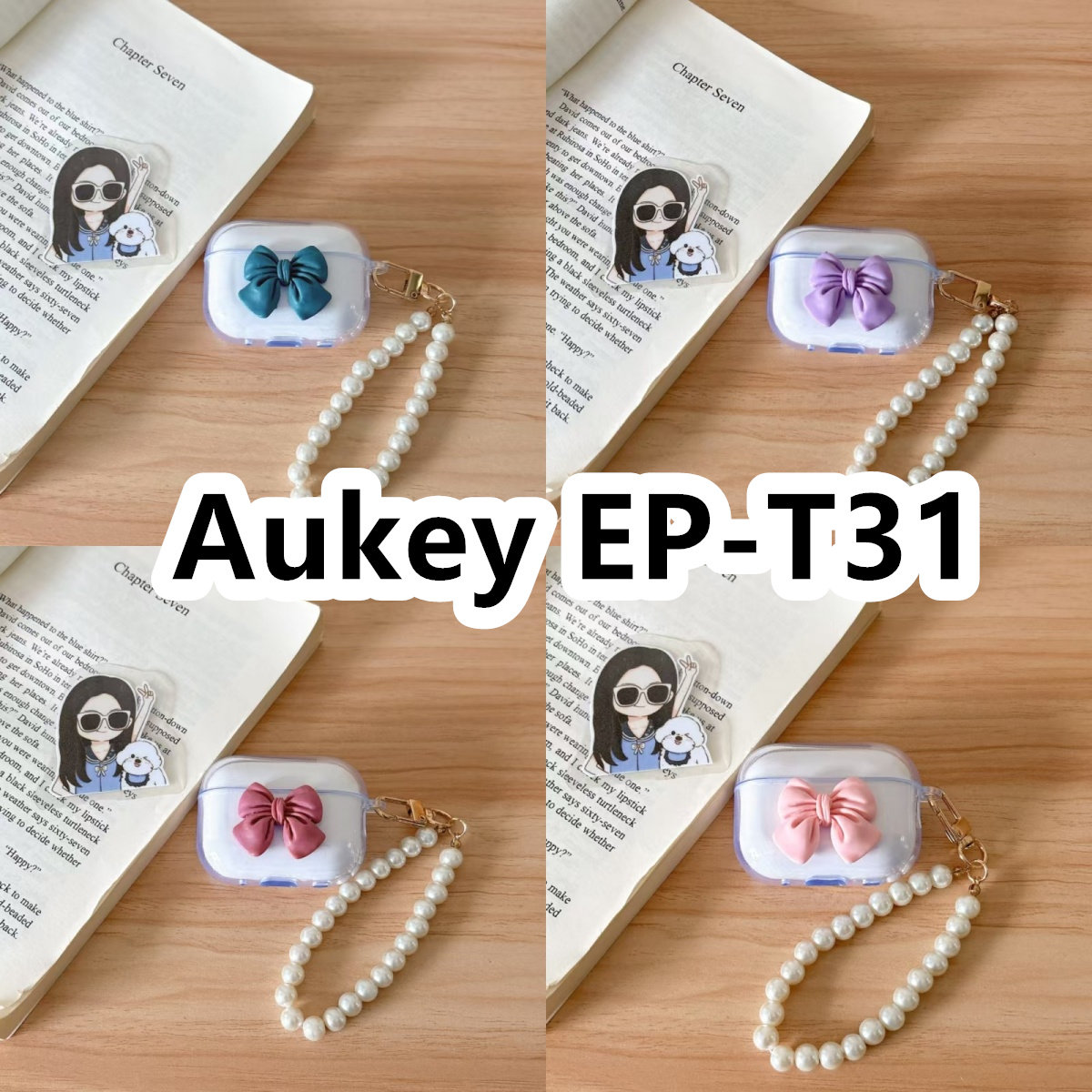适用于Aukey EP-T31耳机套透明DIY手作蝴蝶结珍珠手串保护套防摔可爱