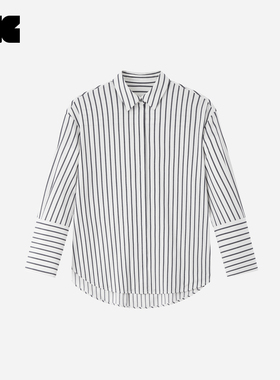 【汤圆TOY0】LNG2025早春新款莫代尔混纺条纹可折叠袖休闲衬衫