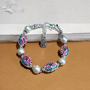 原创设计新款通体999足银古法银珠烧蓝莲花手链女国风款精致简约