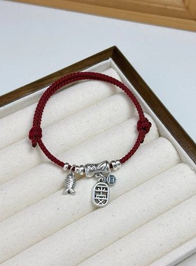 新款999足银竹节平安红绳手链原创设计本命年红绳情侣款马年礼物