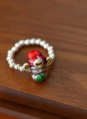 新款足银999财神爷五福戒指搭配925银光珠简约喜庆原创春节礼物