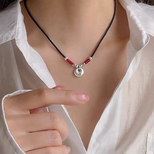 爆款999足银平安扣项链女款锁骨链小胖福锁纯银原创编织项链绳