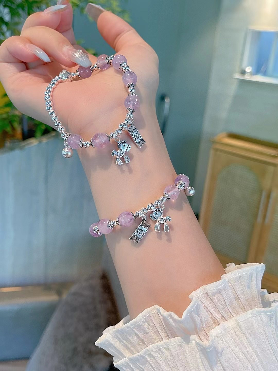 新款S925纯银马上有钱花紫水晶手链女款时尚个性百搭饰品七夕礼物