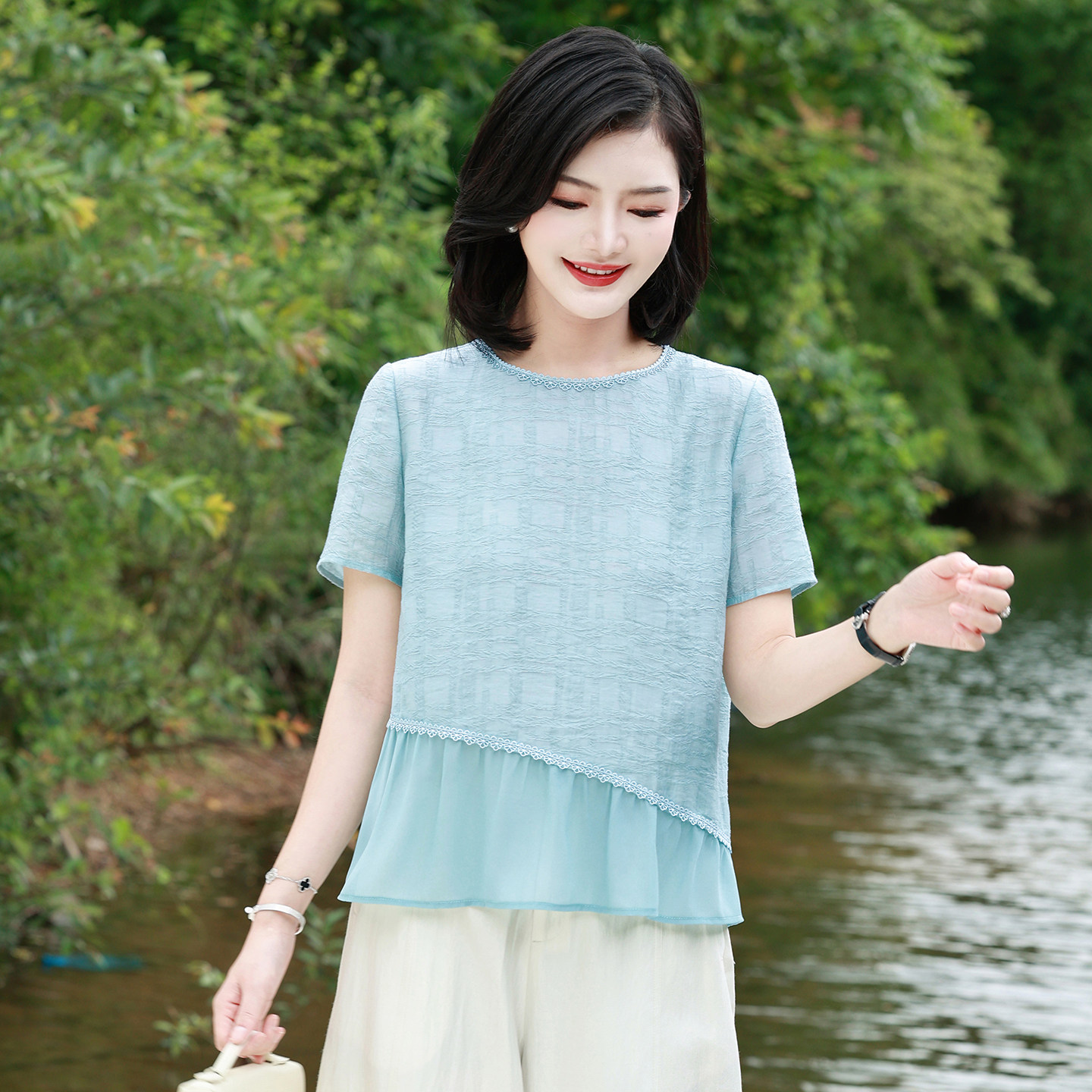 阿楠蕾丝国风衬衫不规则上衣女夏