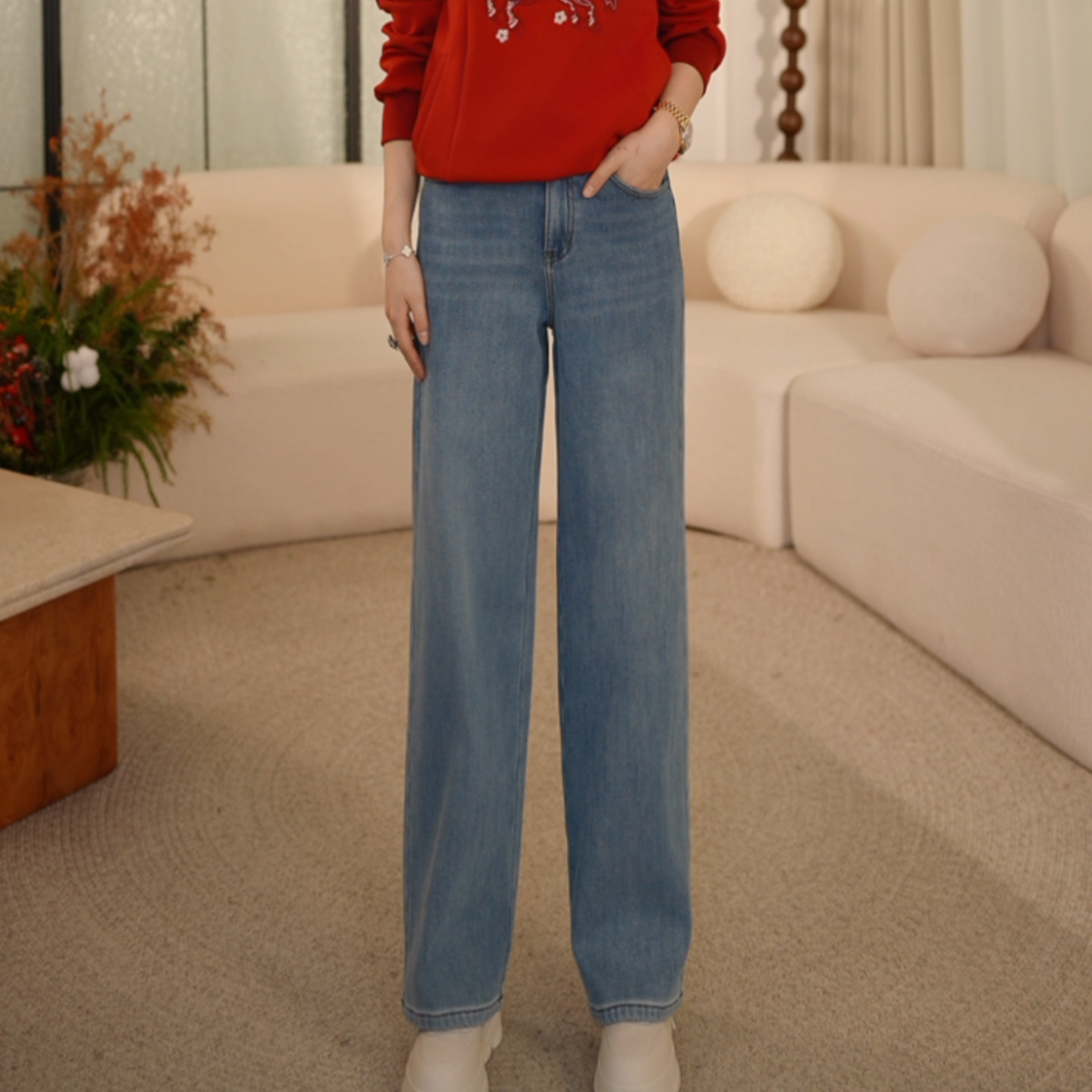 枫竺中高腰蓝色发热加绒显瘦遮胯直筒牛仔裤女2025冬季通勤长裤,女装/女士精品,牛仔裤,淘宝优惠券,粉丝福利购,淘宝优惠卷