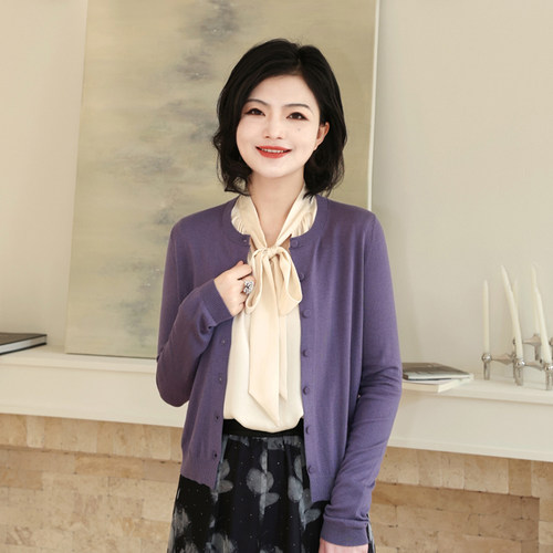 纯色开衫单排扣薄款针织衫女秋