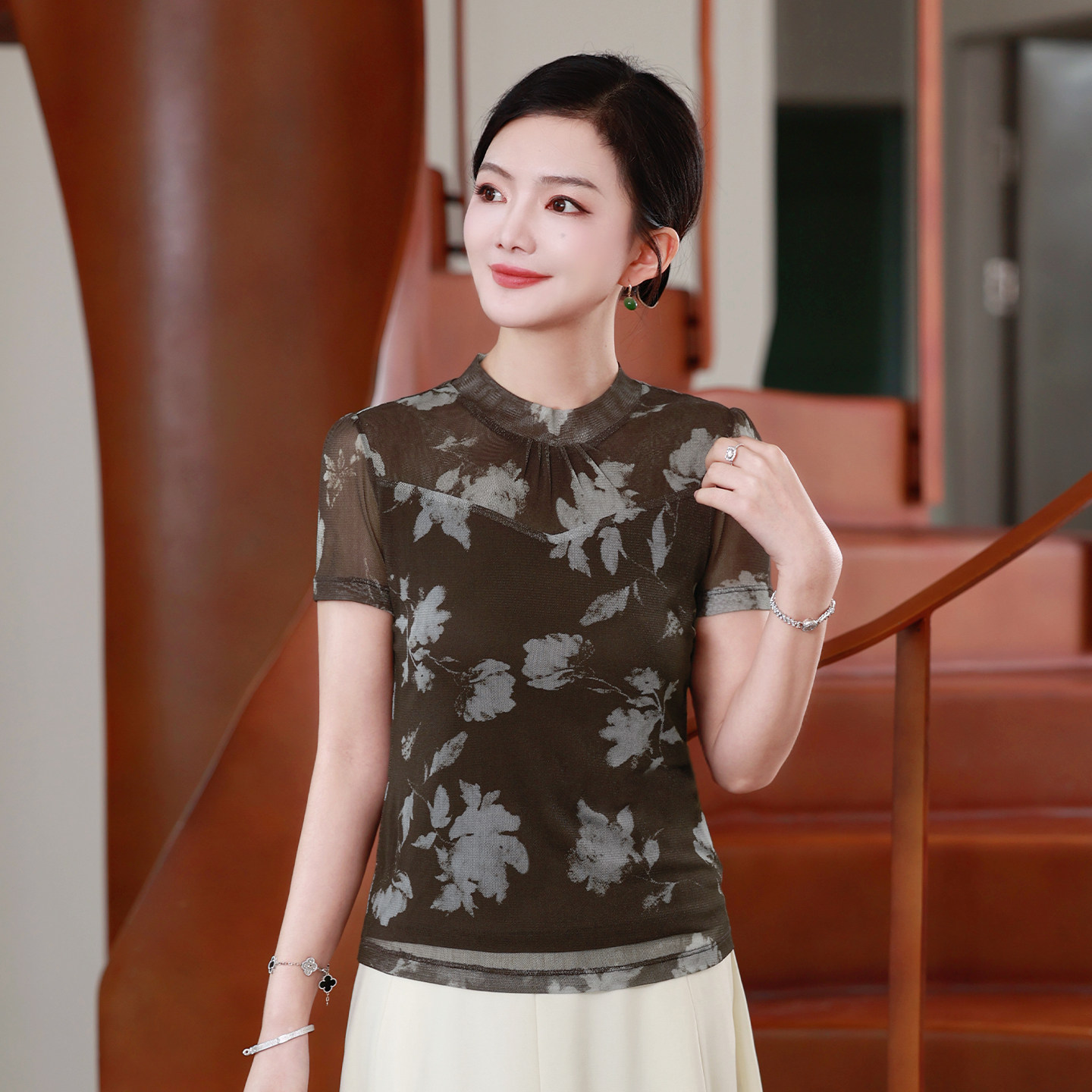 【针织桑蚕丝】枫竺阿楠新中式旗袍小衫2026女夏立领印花国风上衣