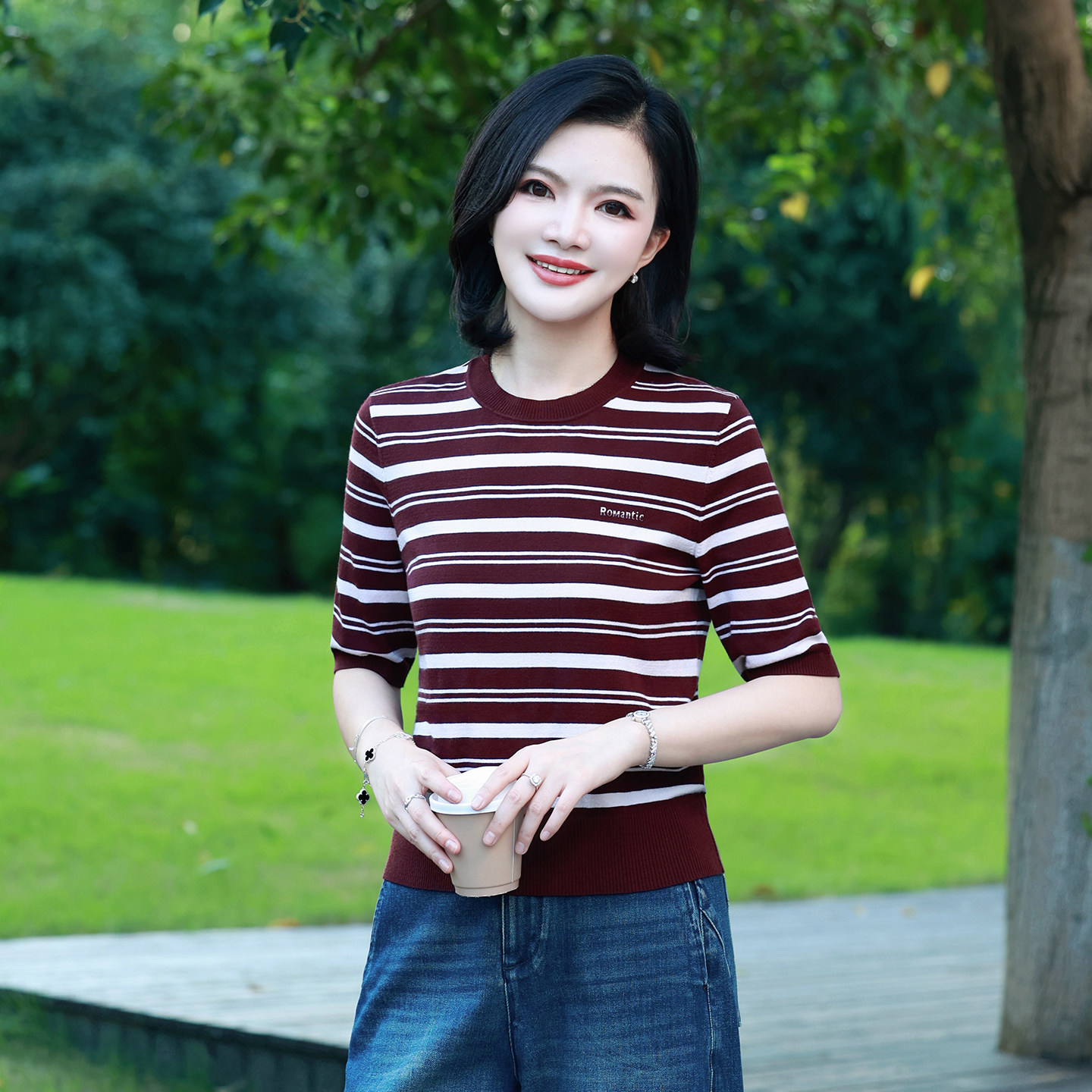 枫竺阿楠莫奈天丝百搭圆领条纹五分袖针织衫秋装洋气减龄新款上衣