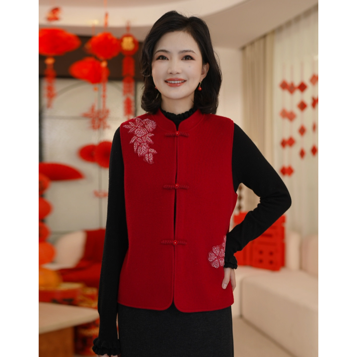 【四平针】枫竺新年红色国风羊毛针织马甲女2025冬季无袖坎肩背心,女装/女士精品,马夹,淘宝优惠券,粉丝福利购,淘宝优惠卷