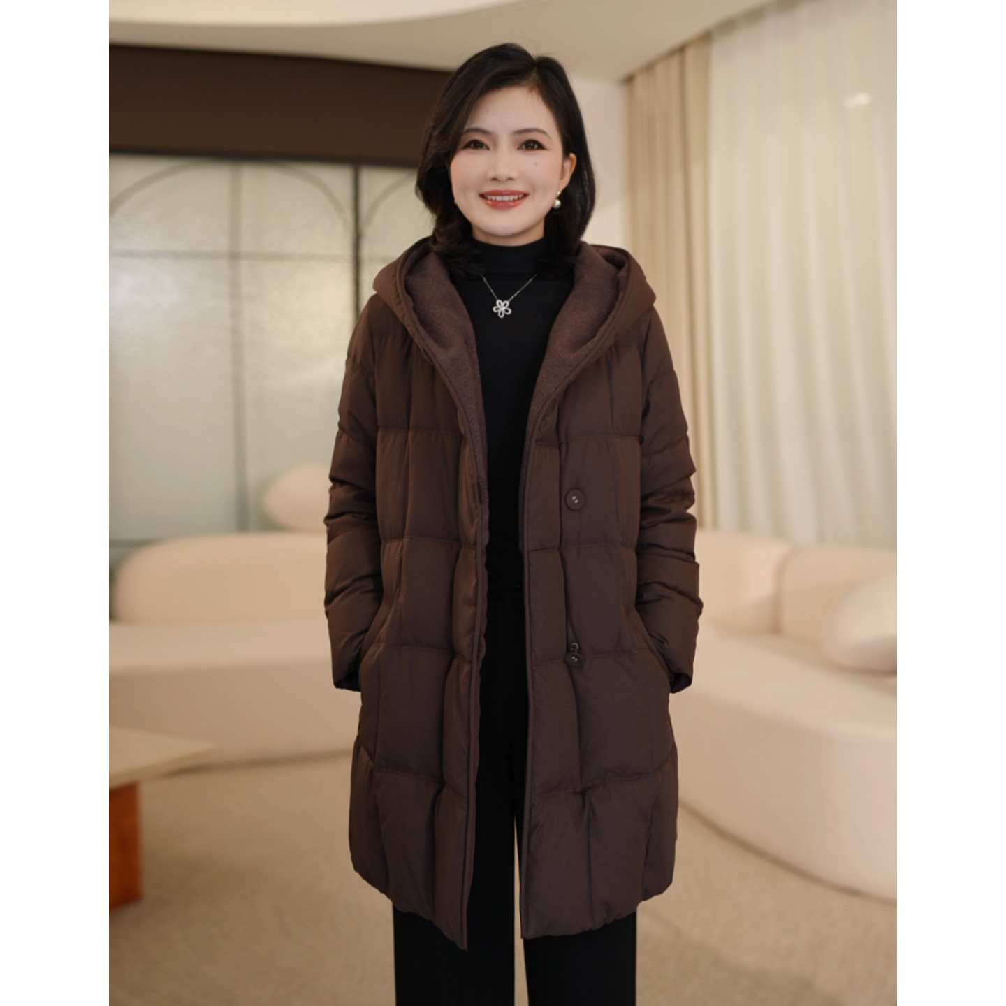 90白鸭绒中长款加厚保暖羽绒服女