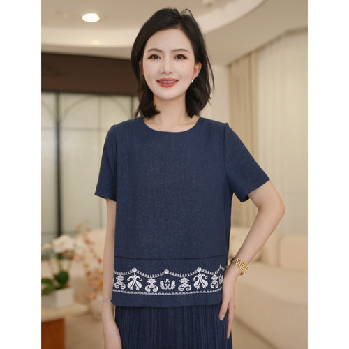 枫竺阿楠anan莱赛尔细闪圆领刺绣短袖小衫女夏季新款百搭出游上衣