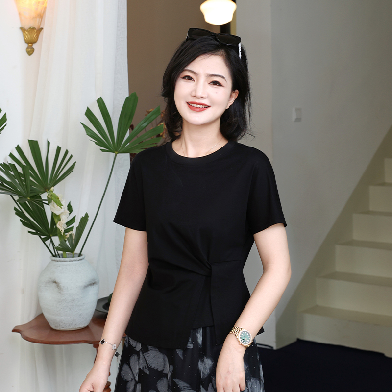 设计纯色拼接不规则舒适圆领短袖