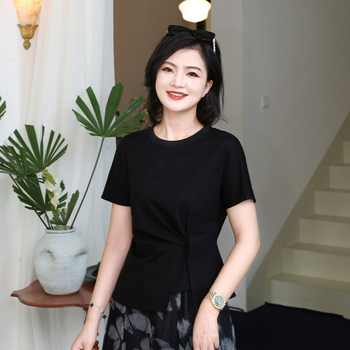 设计纯色拼接不规则舒适圆领短袖