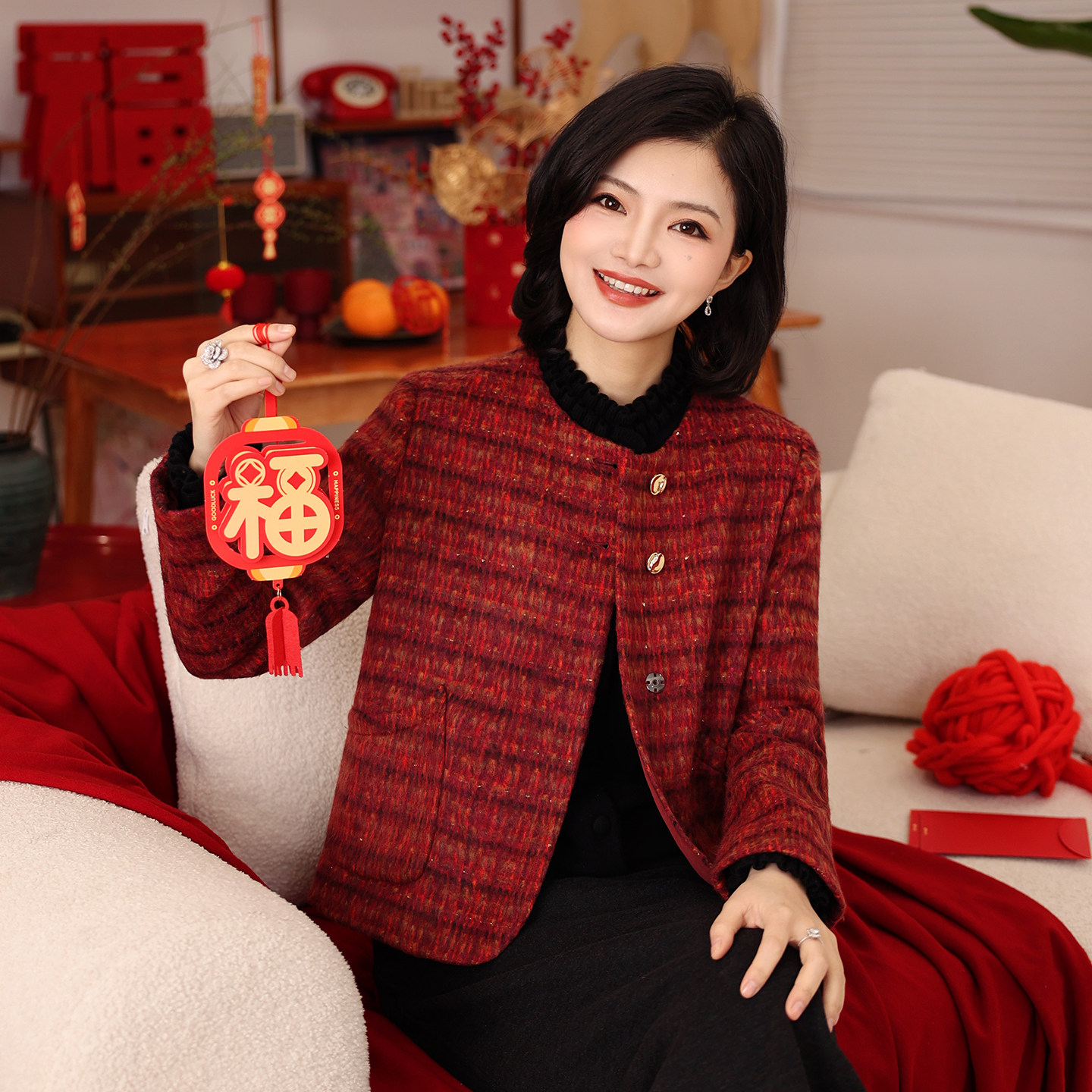 枫竺小香风新年红色圆领格纹短款粗花呢外套女2025冬季外搭上衣,女装/女士精品,短外套,淘宝优惠券,粉丝福利购,淘宝优惠卷