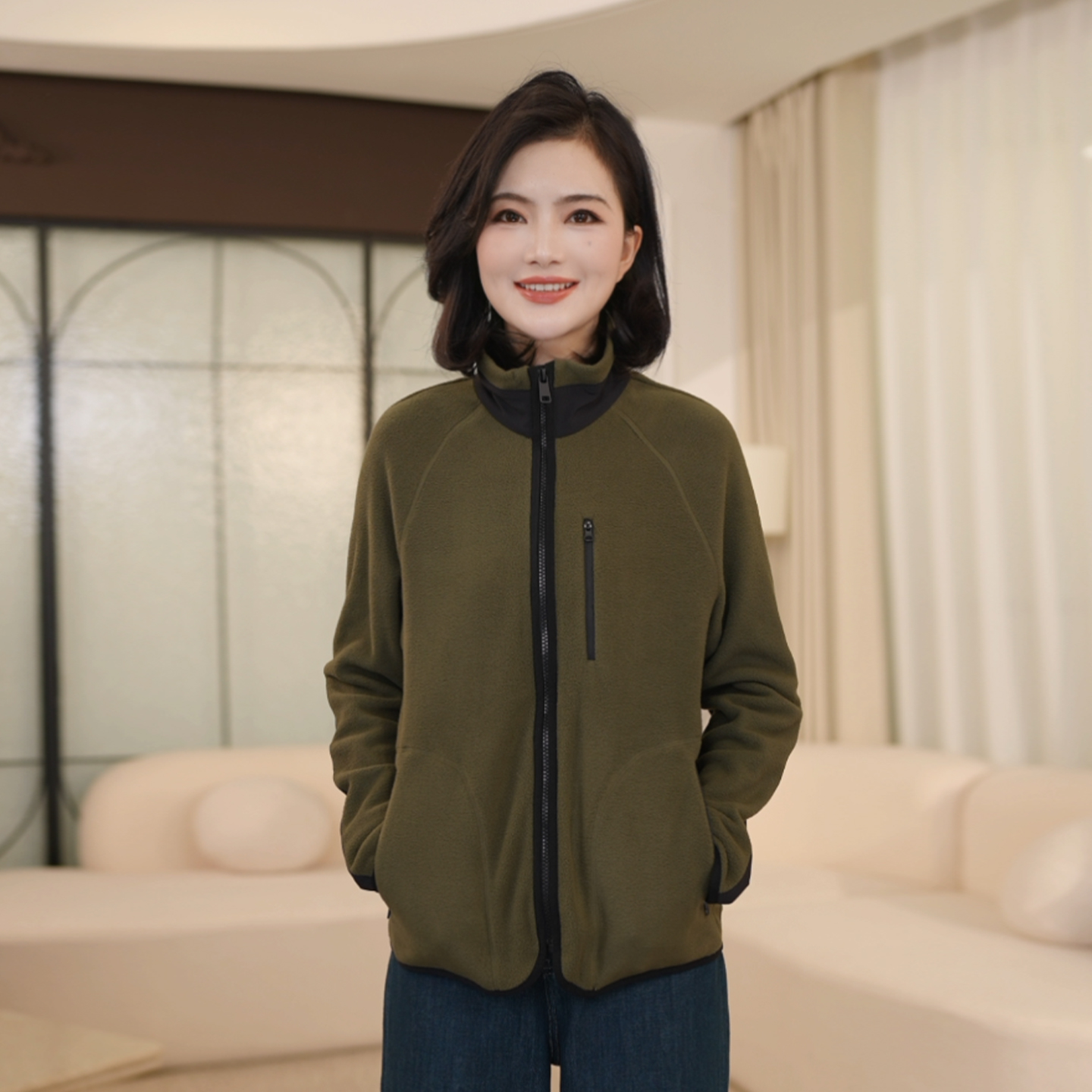 立领撞色摇粒绒保暖外套女