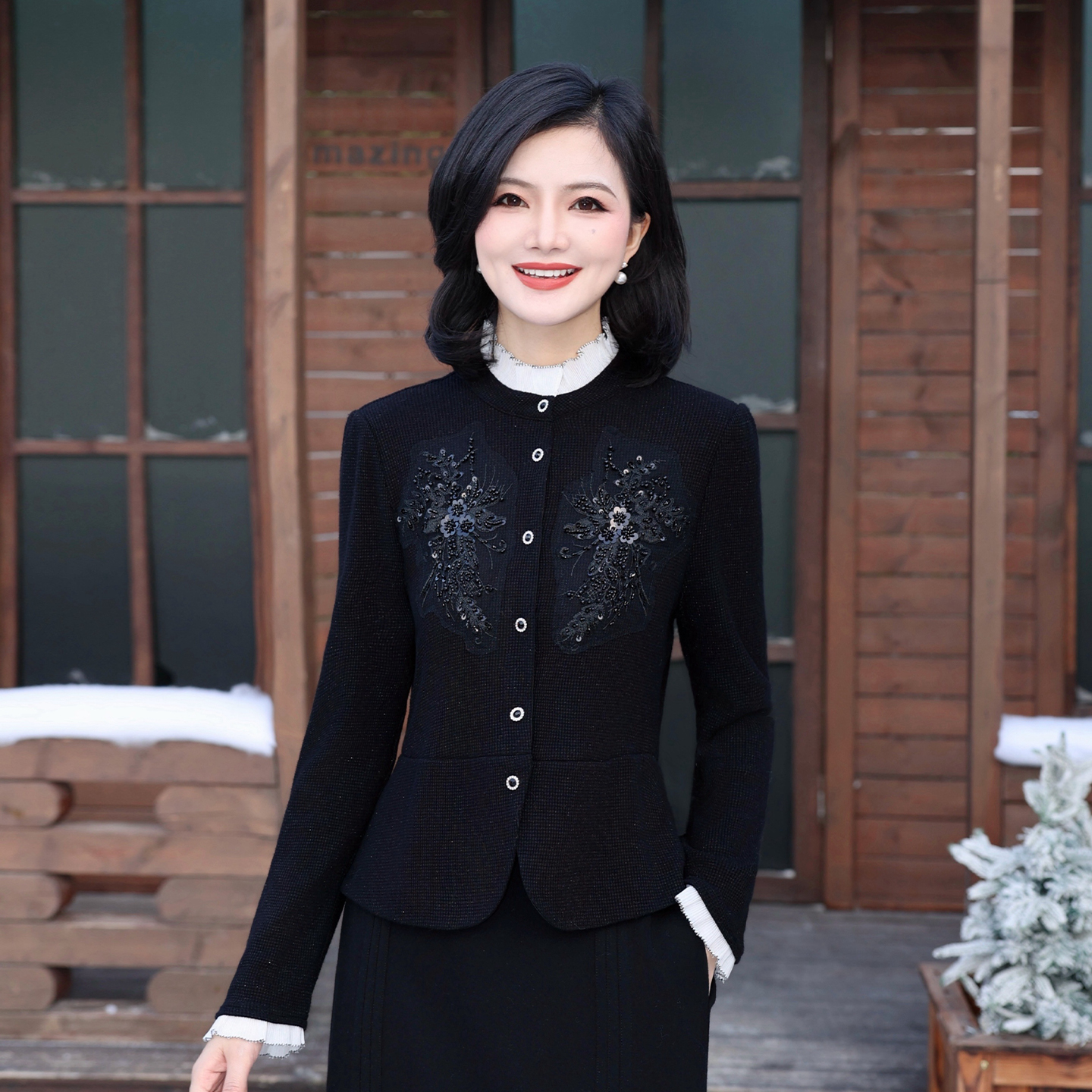 重工珠片绣衬收腰显瘦衬衣女冬季