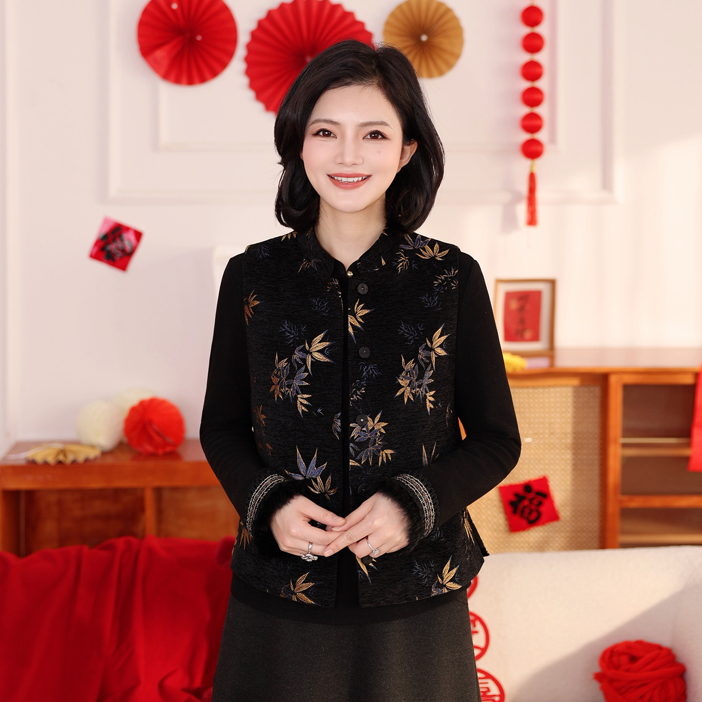 枫竺新中式国风立领提花厚款新年穿搭马甲女短款冬季无袖背心外套