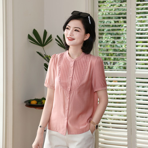 设计休闲风纯色圆领短袖上衣女夏