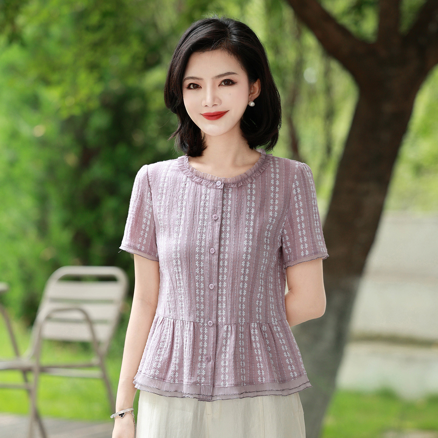 枫竺阿楠圆领木耳边印花新中式国风短袖衬衫女夏季百搭洋气上衣